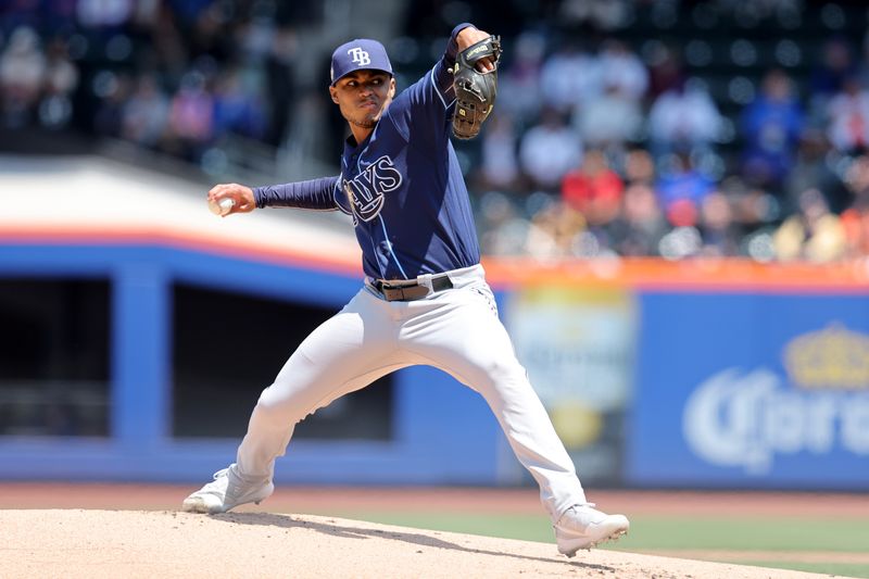 May 18, 2023; New York City, New York, USA; Tampa Bay Rays starting pitcher Taj Bradley (45) pitches against the New York Mets during the first inning at Citi Field. Mandatory Credit: Brad Penner-USA TODAY Sports