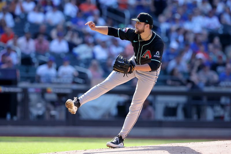 Jun 1, 2024; New York City, New York, USA; Arizona Diamondbacks starting pitcher Slade Cecconi (43) follows through on a pitch against the New York Mets during the first inning at Citi Field. Mandatory Credit: Brad Penner-USA TODAY Sports