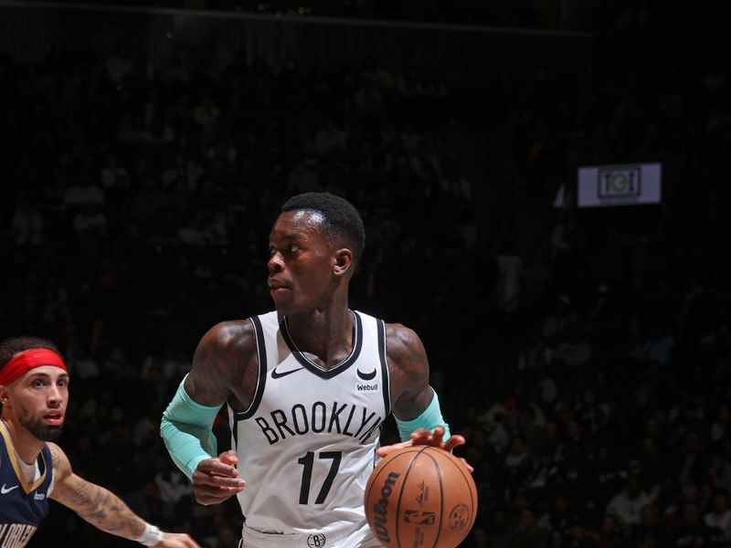 BROOKLYN, NY - MARCH 19: Dennis Schroder #17 of the Brooklyn Nets dribbles the ball during the game against the New Orleans Pelicans on March 19, 2024 at Barclays Center in Brooklyn, New York. NOTE TO USER: User expressly acknowledges and agrees that, by downloading and or using this Photograph, user is consenting to the terms and conditions of the Getty Images License Agreement. Mandatory Copyright Notice: Copyright 2024 NBAE (Photo by Nathaniel S. Butler/NBAE via Getty Images)