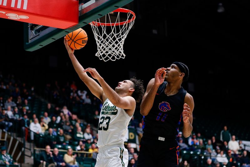 Feb 15, 2023; Fort Collins, Colorado, USA; Colorado State Rams guard Isaiah Rivera (23) drives to the net against \Boise State Broncos guard Chibuzo Agbo (11) in the second half at Moby Arena. Mandatory Credit: Isaiah J. Downing-USA TODAY Sports