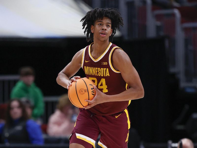 Mar 8, 2023; Chicago, IL, USA; Minnesota Golden Gophers forward Jaden Henley (24) looks to pass the ball against the Nebraska Cornhuskers during the second half at United Center. Mandatory Credit: Kamil Krzaczynski-USA TODAY Sports