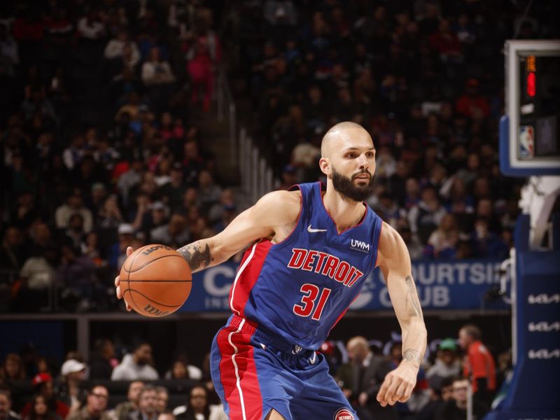 DETROIT, MI - MARCH 9: Evan Fournier #31 of the Detroit Pistons  dribbles the ball during the game against the Dallas Mavericks on March 9, 2024 at Little Caesars Arena in Detroit, Michigan. NOTE TO USER: User expressly acknowledges and agrees that, by downloading and/or using this photograph, User is consenting to the terms and conditions of the Getty Images License Agreement. Mandatory Copyright Notice: Copyright 2024 NBAE (Photo by Brian Sevald/NBAE via Getty Images)