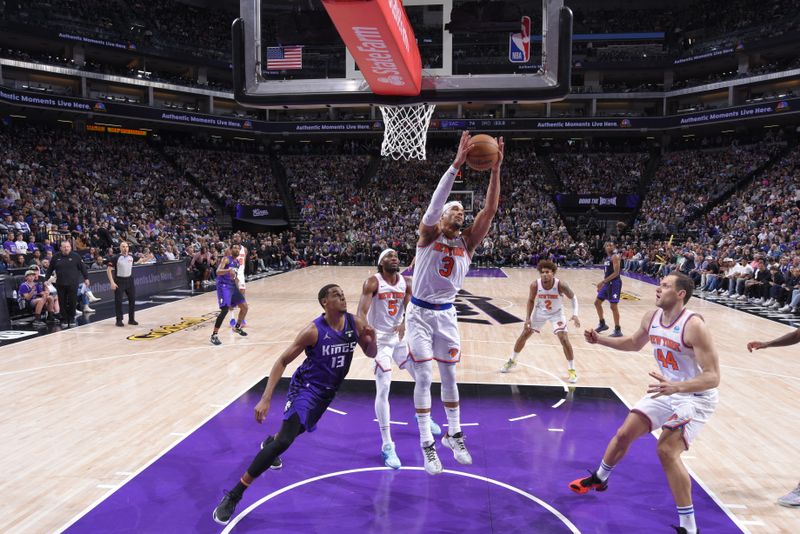 SACRAMENTO, CA - MARCH 16: Josh Hart #3 of the New York Knicks rebounds the ball during the game against the Sacramento Kings on March 16, 2024 at Golden 1 Center in Sacramento, California. NOTE TO USER: User expressly acknowledges and agrees that, by downloading and or using this Photograph, user is consenting to the terms and conditions of the Getty Images License Agreement. Mandatory Copyright Notice: Copyright 2024 NBAE (Photo by Rocky Widner/NBAE via Getty Images)