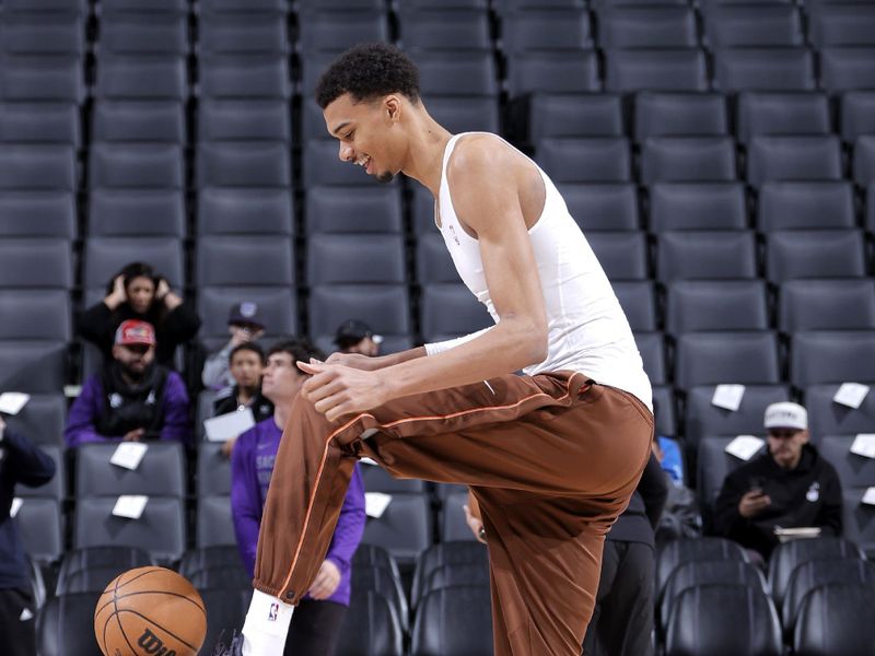 SACRAMENTO, CA - FEBRUARY 22: Victor Wembanyama #1 of the San Antonio Spurs warms up before the game against the Sacramento Kings on February 22, 2024 at Golden 1 Center in Sacramento, California. NOTE TO USER: User expressly acknowledges and agrees that, by downloading and or using this Photograph, user is consenting to the terms and conditions of the Getty Images License Agreement. Mandatory Copyright Notice: Copyright 2023 NBAE (Photo by Rocky Widner/NBAE via Getty Images)