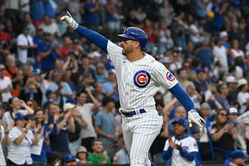 Jul 19, 2023; Chicago, Illinois, USA; Chicago Cubs center fielder Mike Tauchman (40) rounds the bases after hitting a home run against the Washington Nationals during the first inning at Wrigley Field. Mandatory Credit: Matt Marton-USA TODAY Sports