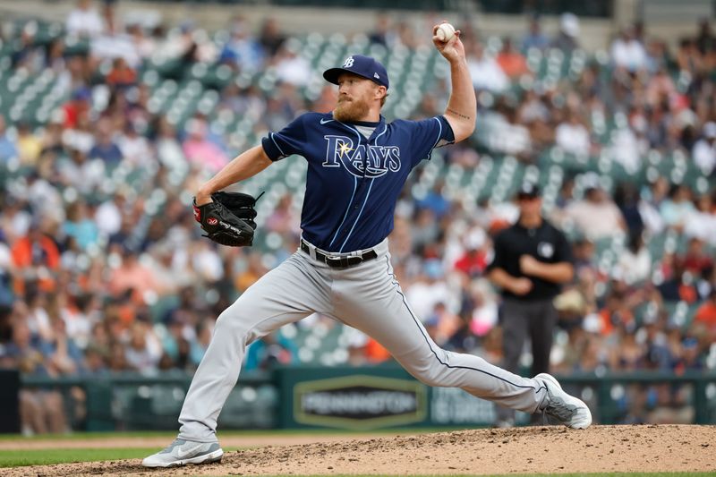 Aug 6, 2023; Detroit, Michigan, USA;  Tampa Bay Rays relief pitcher Jake Diekman (30) pitches in the eighth inning against the Detroit Tigers at Comerica Park. Mandatory Credit: Rick Osentoski-USA TODAY Sports