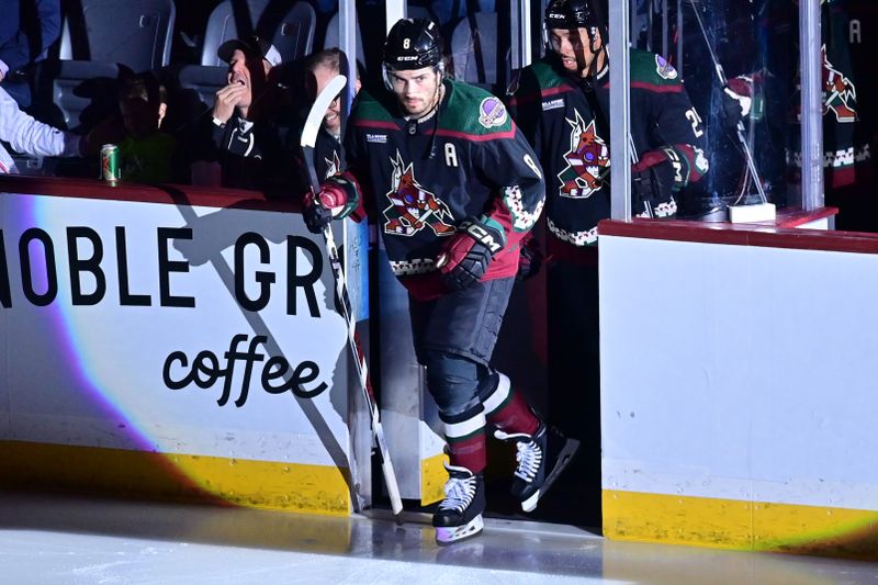 Feb 8, 2024; Tempe, Arizona, USA; Arizona Coyotes center Nick Schmaltz (8) takes the ice to start the game against the Vegas Golden Knights at Mullett Arena. Mandatory Credit: Matt Kartozian-USA TODAY Sports