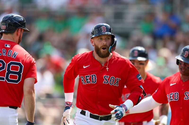 Mar 17, 2024; Fort Myers, Florida, USA;  Boston Red Sox shortstop Trevor Story (10) runs the bases after hitting a three-run home run against the New York Yankees in the first inning at JetBlue Park at Fenway South. Mandatory Credit: Nathan Ray Seebeck-USA TODAY Sports