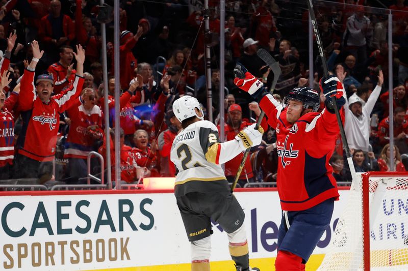 Oct 15, 2024; Washington, District of Columbia, USA; Washington Capitals left wing Jakub Vrana (13) celebrates after scoring a goal against the Vegas Golden Knights in the first period at Capital One Arena. Mandatory Credit: Geoff Burke-Imagn Images
