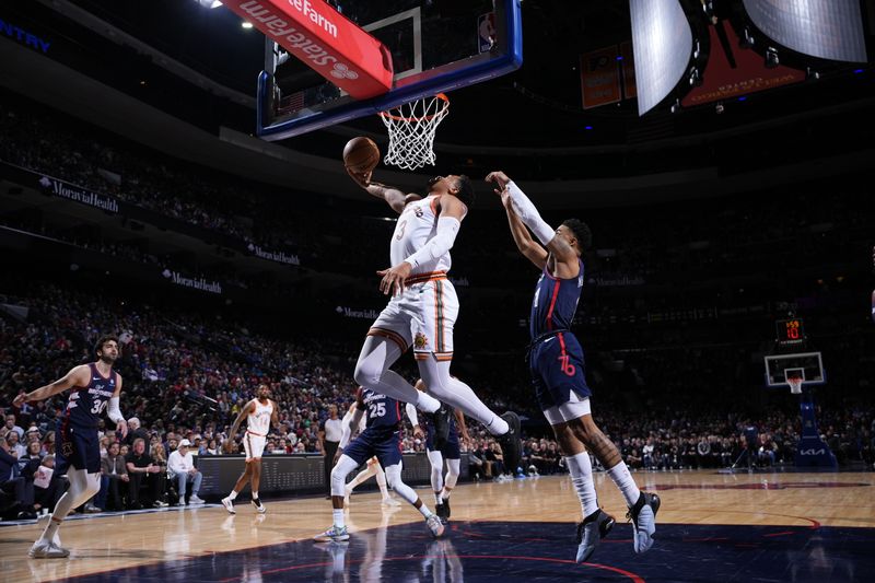 PHILADELPHIA, PA - JANUARY 22: Keldon Johnson #3 of the San Antonio Spurs drives to the basket during the game against the Philadelphia 76ers on January 22, 2024 at the Wells Fargo Center in Philadelphia, Pennsylvania NOTE TO USER: User expressly acknowledges and agrees that, by downloading and/or using this Photograph, user is consenting to the terms and conditions of the Getty Images License Agreement. Mandatory Copyright Notice: Copyright 2024 NBAE (Photo by Jesse D. Garrabrant/NBAE via Getty Images)