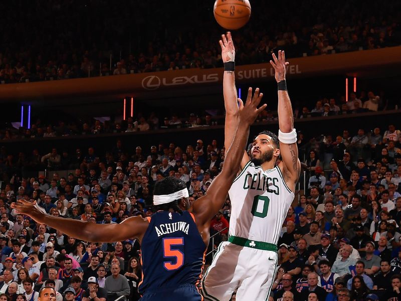 NEW YORK, NY - MAY 12: Jayson Tatum #0 of the Boston Celtics shoots the ball during the game against the New York Knicks  during Round 2 Game 4 on May 12, 2025 at Madison Square Garden in New York City, New York.  NOTE TO USER: User expressly acknowledges and agrees that, by downloading and or using this photograph, User is consenting to the terms and conditions of the Getty Images License Agreement. Mandatory Copyright Notice: Copyright 2025 NBAE  (Photo by Brian Babineau/NBAE via Getty Images)