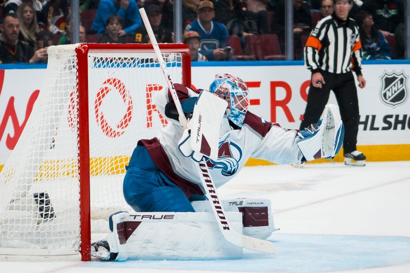 Nov 9, 2025; Vancouver, British Columbia, CAN; Colorado Avalanche goalie Mackenzie Blackwood (39) makes a save against the Vancouver Canucks in the second period at Rogers Arena. Mandatory Credit: Bob Frid-Imagn Images