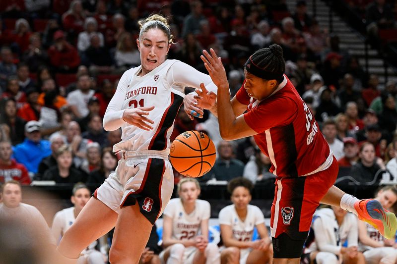 Mar 29, 2024; Portland, OR, USA; Stanford Cardinal forward Brooke Demetre (21) battle for control of the ball against NC State Wolfpack guard Zoe Brooks (35) during the second half in the semifinals of the Portland Regional of the 2024 NCAA Tournament at the Moda Center at the Moda Center. Mandatory Credit: Troy Wayrynen-USA TODAY Sports