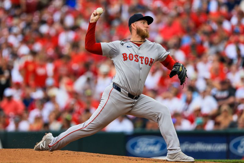 Jun 23, 2024; Cincinnati, Ohio, USA; Boston Red Sox starting pitcher Zack Kelly (76) pitches against the Cincinnati Reds in the first inning at Great American Ball Park. Mandatory Credit: Katie Stratman-USA TODAY Sports