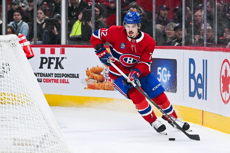 Mar 15, 2025; Montreal, Quebec, CAN; Montreal Canadiens defenseman Arber Xhekaj (72) skates with the puck near the net against the Florida Panthers in the second period at Bell Centre. Mandatory Credit: David Kirouac-Imagn Images