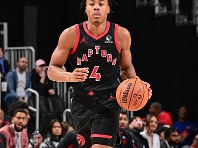 DETROIT, MI - DECEMBER 30: Scottie Barnes #4 of the Toronto Raptors dribbles the ball during the game against the Detroit Pistons  on December 30, 2023 at Little Caesars Arena in Detroit, Michigan. NOTE TO USER: User expressly acknowledges and agrees that, by downloading and/or using this photograph, User is consenting to the terms and conditions of the Getty Images License Agreement. Mandatory Copyright Notice: Copyright 2023 NBAE (Photo by Chris Schwegler/NBAE via Getty Images)