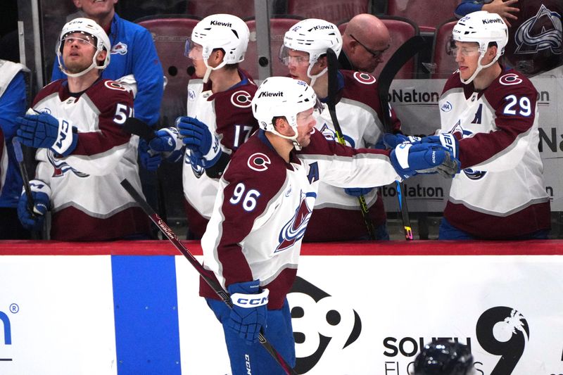 Nov 23, 2024; Sunrise, Florida, USA;  Colorado Avalanche right wing Mikko Rantanen (96) celebrates a goal against the Florida Panthers in the second period at Amerant Bank Arena. Mandatory Credit: Jim Rassol-Imagn Images