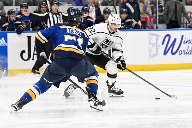 Jan 28, 2024; St. Louis, Missouri, USA; Los Angeles Kings left wing Kevin Fiala (22) controls the puck from St. Louis Blues defenseman Matthew Kessel (51) during the third period at Enterprise Center. Mandatory Credit: Jeff Le-USA TODAY Sports