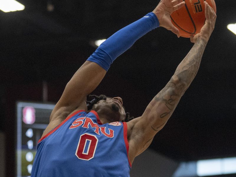 Mar 1, 2025; Stanford, California, USA;  Southern Methodist Mustangs guard B.J. Edwards (0) rebounds the ball during the first half against the Stanford Cardinal at Maples Pavilion. Mandatory Credit: Stan Szeto-Imagn Images