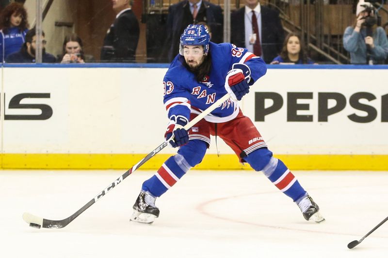 Jan 8, 2024; New York, New York, USA;  New York Rangers center Mika Zibanejad (93) passes the puck in the third period against the Vancouver Canucks at Madison Square Garden. Mandatory Credit: Wendell Cruz-USA TODAY Sports