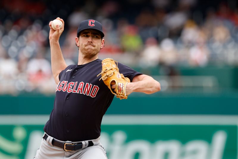 Apr 16, 2023; Washington, District of Columbia, USA; Cleveland Guardians starting pitcher Shane Bieber (57) pitches against the Washington Nationals during the first inning at Nationals Park. Mandatory Credit: Geoff Burke-USA TODAY Sports