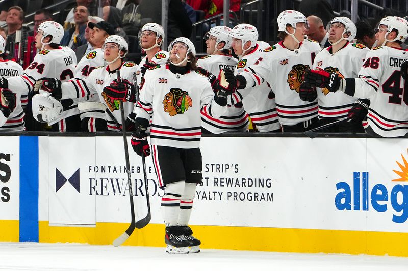 Dec 2, 2025; Las Vegas, Nevada, USA; Chicago Blackhawks left wing Tyler Bertuzzi (59) watches a replay after scoring a goal against the Vegas Golden Knights during the second period at T-Mobile Arena. Mandatory Credit: Stephen R. Sylvanie-Imagn Images
