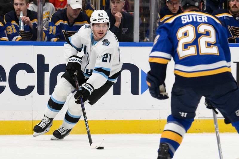 Nov 7, 2024; St. Louis, Missouri, USA; Utah Hockey Club center Barrett Hayton (27) skates against the St. Louis Blues during the third period at Enterprise Center. Mandatory Credit: Jeff Le-Imagn Images