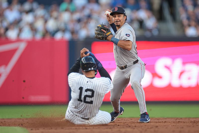 Jul 7, 2024; Bronx, New York, USA; Boston Red Sox shortstop David Hamilton (70) attempts to turn a double play after forcing out New York Yankees center fielder Trent Grisham (12) at second base during the third inning at Yankee Stadium. Mandatory Credit: Vincent Carchietta-USA TODAY Sports