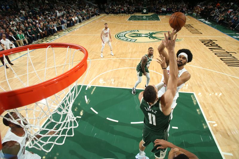 MILWAUKEE, WI - NOVEMBER 2: Jarrett Allen #31 of the Cleveland Cavaliers shoots the ball during the game against the Milwaukee Bucks during a regular season game on November  2, 2024 at Fiserv Forum Center in Milwaukee, Wisconsin. NOTE TO USER: User expressly acknowledges and agrees that, by downloading and or using this Photograph, user is consenting to the terms and conditions of the Getty Images License Agreement. Mandatory Copyright Notice: Copyright 2024 NBAE (Photo by Gary Dineen/NBAE via Getty Images).