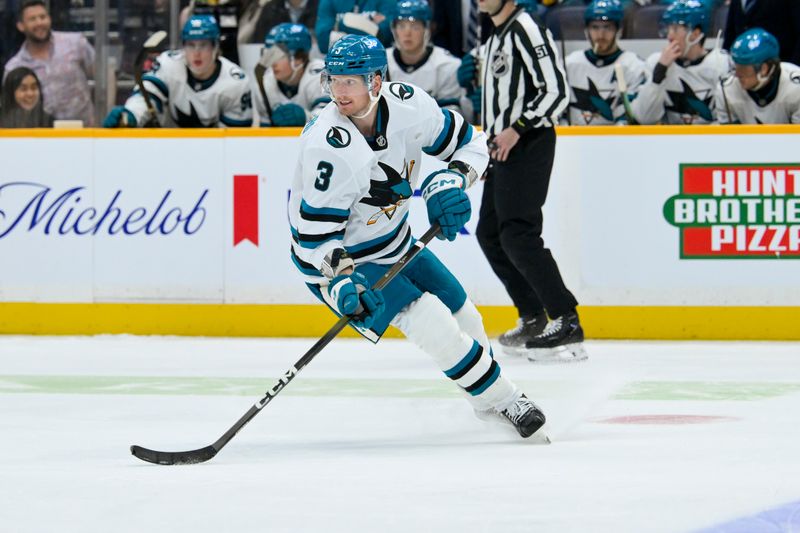 Mar 24, 2026; Nashville, Tennessee, USA;  San Jose Sharks defenseman John Klingberg (3) skates with the puck against the Nashville Predators during the first period at Bridgestone Arena. Mandatory Credit: Steve Roberts-Imagn Images