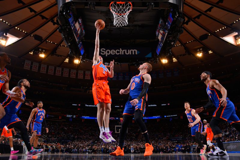 NEW YORK, NY - MARCH 31: Josh Giddey #3 of the Oklahoma City Thunder drives to the basket during the game against the New York Knicks on March 31, 2024 at Madison Square Garden in New York City, New York.  NOTE TO USER: User expressly acknowledges and agrees that, by downloading and or using this photograph, User is consenting to the terms and conditions of the Getty Images License Agreement. Mandatory Copyright Notice: Copyright 2024 NBAE  (Photo by Jesse D. Garrabrant/NBAE via Getty Images)