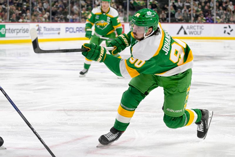 Feb 17, 2024; Saint Paul, Minnesota, USA;  Minnesota Wild forward Marcus Johansson (90) takes a shot on goal against the Buffalo Sabres during the second period at Xcel Energy Center. Mandatory Credit: Nick Wosika-USA TODAY Sports