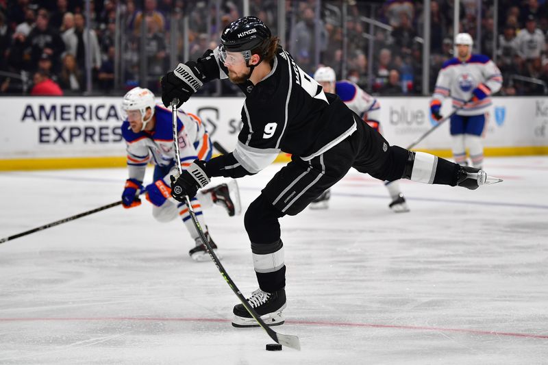 Apr 29, 2023; Los Angeles, California, USA; Los Angeles Kings right wing Adrian Kempe (9) shoots on goal against the Edmonton Oilers during the second period in game six of the first round of the 2023 Stanley Cup Playoffs at Crypto.com Arena. Mandatory Credit: Gary A. Vasquez-USA TODAY Sports