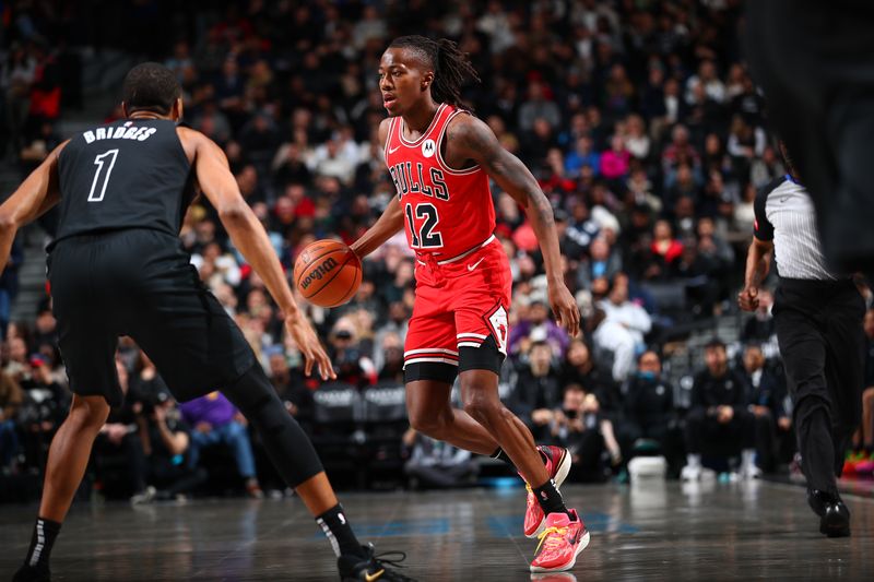 BROOKLYN, NY - MARCH 29: Ayo Dosunmu #12 of the Chicago Bulls dribbles the ball during the game against the Brooklyn Nets on March 29, 2024 at Barclays Center in Brooklyn, New York. NOTE TO USER: User expressly acknowledges and agrees that, by downloading and or using this Photograph, user is consenting to the terms and conditions of the Getty Images License Agreement. Mandatory Copyright Notice: Copyright 2024 NBAE (Photo by David L. Nemec/NBAE via Getty Images)