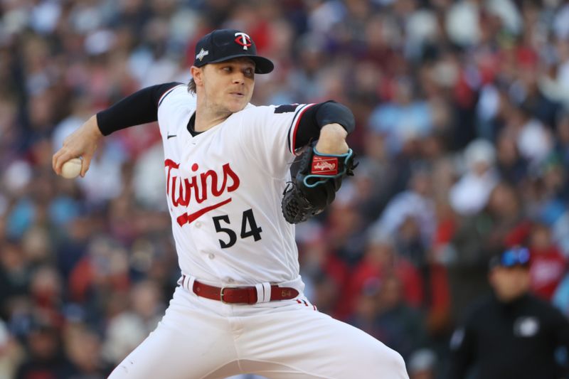 Oct 10, 2023; Minneapolis, Minnesota, USA; Minnesota Twins starting pitcher Sonny Gray (54) pitches in the first inning against the Houston Astros during game three of the ALDS for the 2023 MLB playoffs at Target Field. Mandatory Credit: Jesse Johnson-USA TODAY Sports