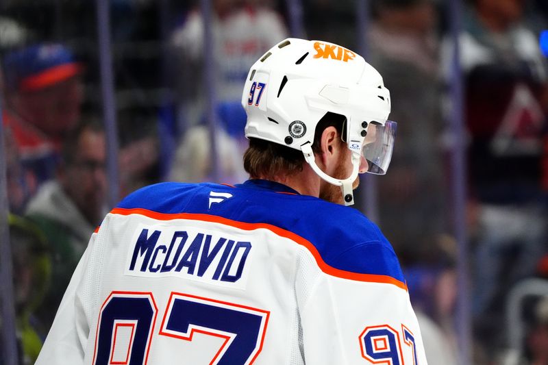 Nov 30, 2024; Denver, Colorado, USA; Edmonton Oilers center Connor McDavid (97) before the game against the Colorado Avalanche at Ball Arena. Mandatory Credit: Ron Chenoy-Imagn Images