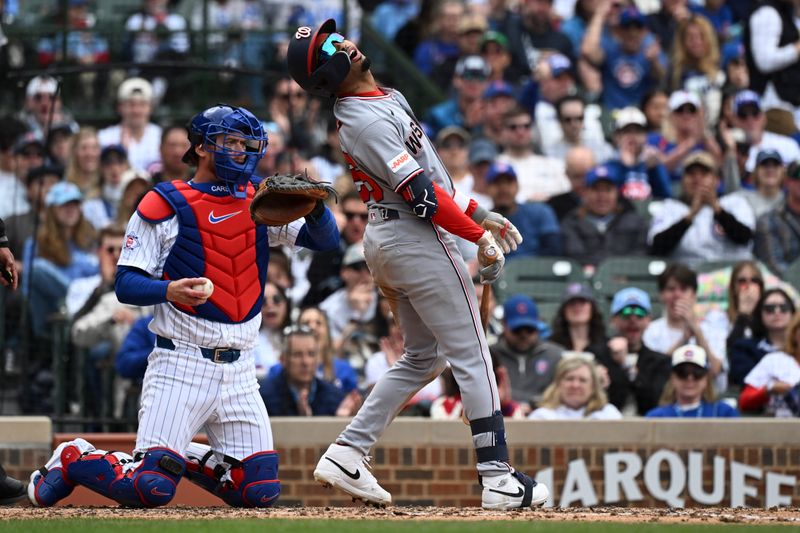 Mar 29, 2026; Chicago, Illinois, USA;  Washington Nationals shortstop Nasim Nuñez (26) reacts after being called out on strikes during the sixth inning against the Chicago Cubs at Wrigley Field. Mandatory Credit: Matt Marton-Imagn Images