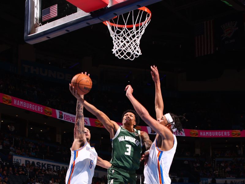 OKLAHOMA CITY, OK - FEBRUARY 3: MarJon Beauchamp #3 of the Milwaukee Bucks shoots the ball during the game against the Oklahoma City Thunder on February 3, 2025 at Paycom Center in Oklahoma City, Oklahoma. NOTE TO USER: User expressly acknowledges and agrees that, by downloading and or using this photograph, User is consenting to the terms and conditions of the Getty Images License Agreement. Mandatory Copyright Notice: Copyright 2025 NBAE (Photo by Zach Beeker/NBAE via Getty Images)