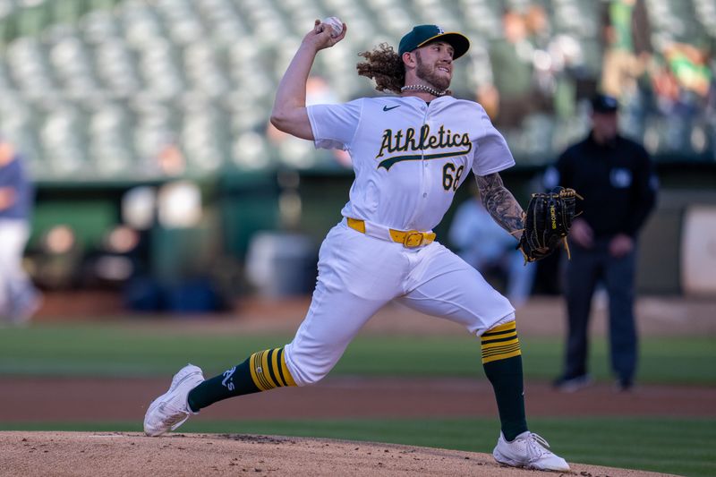 Aug 20, 2024; Oakland, California, USA; Oakland Athletics starting pitcher Joey Estes (68) delivers a pitch against the Tampa Bay Rays during the first inning at Oakland-Alameda County Coliseum. Mandatory Credit: Neville E. Guard-USA TODAY Sports