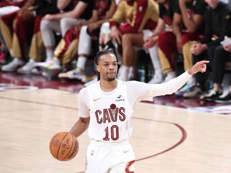 CLEVELAND, OH - APRIL 23: Darius Garland #10 of the Cleveland Cavaliers dribbles the ball during the game against the Miami Heat during round 1 game 2 of the 2025 NBA Playoffs on April 23, 2025 at Rocket Mortgage FieldHouse in Cleveland, Ohio. NOTE TO USER: User expressly acknowledges and agrees that, by downloading and/or using this Photograph, user is consenting to the terms and conditions of the Getty Images License Agreement. Mandatory Copyright Notice: Copyright 2025 NBAE (Photo by Jeff Haynes/NBAE via Getty Images)