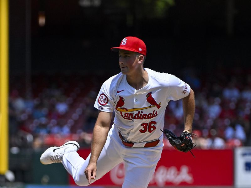 Jul 31, 2024; St. Louis, Missouri, USA;  St. Louis Cardinals starting pitcher Michael McGreevy (36) pitched against the Texas Rangers during the first inning of his Major League Debut at Busch Stadium. Mandatory Credit: Jeff Curry-USA TODAY Sports