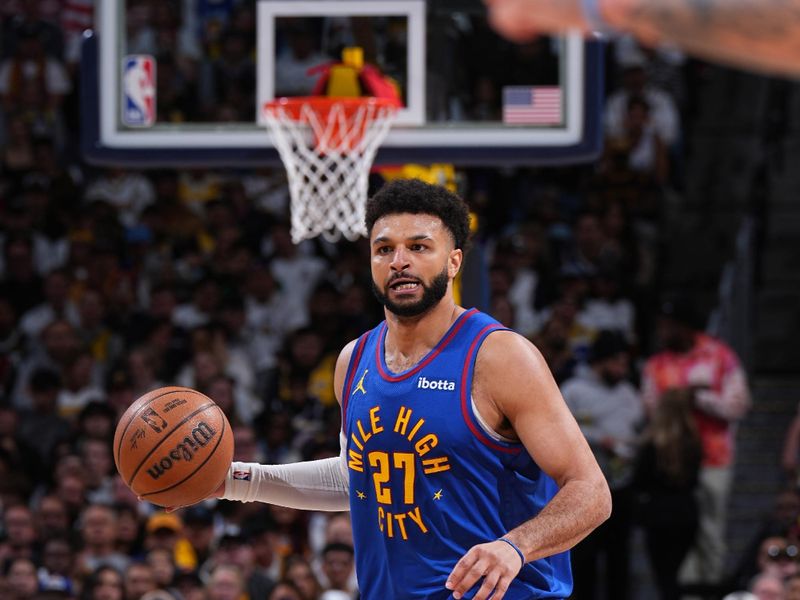 DENVER, CO - APRIL 20: Jamal Murray #27 of the Denver Nuggets dribbles the ball during the game against the Los Angeles Lakers during Round 1 Game 1 of the 2024 NBA Playoffs on April 20, 2024 at the Ball Arena in Denver, Colorado. NOTE TO USER: User expressly acknowledges and agrees that, by downloading and/or using this Photograph, user is consenting to the terms and conditions of the Getty Images License Agreement. Mandatory Copyright Notice: Copyright 2024 NBAE (Photo by Garrett Ellwood/NBAE via Getty Images)