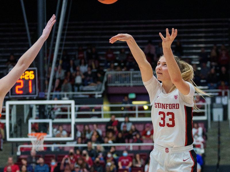 Jan 27, 2023; Stanford, California, USA; Stanford Cardinal guard Hannah Jump (33) shoots a three point basket during the second quarter against the Oregon State Beavers at Maples Pavilion. Mandatory Credit: Neville E. Guard-USA TODAY Sports