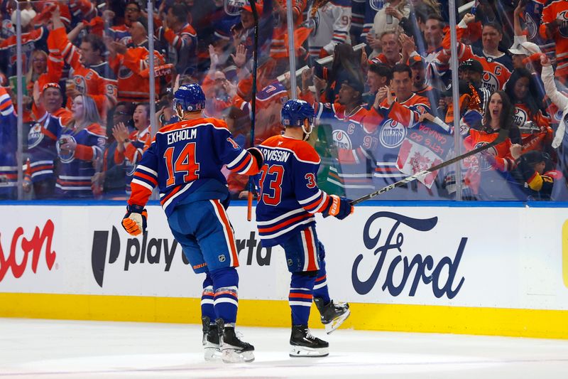 Jun 4, 2025; Edmonton, Alberta, CAN; Edmonton Oilers left wing Viktor Arvidsson (33) reacts after scoring a goal against the Florida Panthers in the second period in game one of the 2025 Stanley Cup Final at Rogers Place. Mandatory Credit: Perry Nelson-Imagn Images