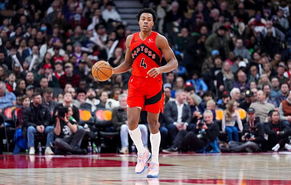 TORONTO, ON - DECEMBER 6: Scottie Barnes #4 of the Toronto Raptors dribbles against the Miami Heat during the second half of their basketball game at the Scotiabank Arena on December 6, 2023 in Toronto, Ontario, Canada. NOTE TO USER: User expressly acknowledges and agrees that, by downloading and/or using this Photograph, user is consenting to the terms and conditions of the Getty Images License Agreement. (Photo by Mark Blinch/Getty Images)