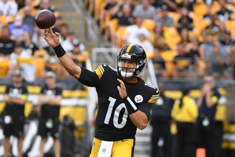 Pittsburgh Steelers quarterback Mitch Trubisky (10) passes against the Seattle Seahawks during the first half of an NFL preseason football game, Saturday, Aug. 13, 2022, in Pittsburgh. (AP Photo/Barry Reeger)