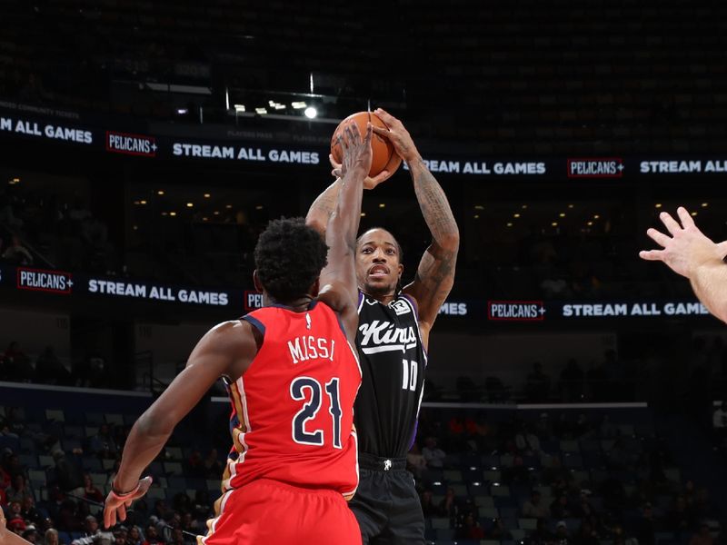 NEW ORLEANS, LA - DECEMBER 12: DeMar DeRozan #10 of the Sacramento Kings shoots the ball during the game against the New Orleans Pelicans on December 12, 2024 at the Smoothie King Center in New Orleans, Louisiana. NOTE TO USER: User expressly acknowledges and agrees that, by downloading and or using this Photograph, user is consenting to the terms and conditions of the Getty Images License Agreement. Mandatory Copyright Notice: Copyright 2024 NBAE (Photo by Layne Murdoch Jr./NBAE via Getty Images)