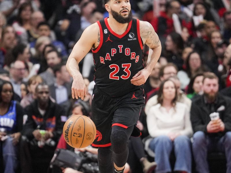 TORONTO, ON - MARCH 16: Fred VanVleet #23 of the Toronto Raptors dribbles against the Oklahoma City Thunder during the second half of their basketball game at the Scotiabank Arena on March 16, 2023 in Toronto, Ontario, Canada. NOTE TO USER: User expressly acknowledges and agrees that, by downloading and/or using this Photograph, user is consenting to the terms and conditions of the Getty Images License Agreement. (Photo by Mark Blinch/Getty Images)