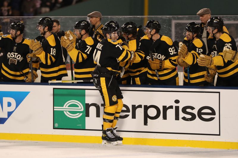 Jan 2, 2023; Boston, Massachusetts, USA; Boston Bruins left wing Jake DeBrusk (74) celebrates with his teammates after scoring a goal against the Pittsburgh Penguins during the third period of the 2023 Winter Classic ice hockey game at Fenway Park. Mandatory Credit: Paul Rutherford-USA TODAY Sports