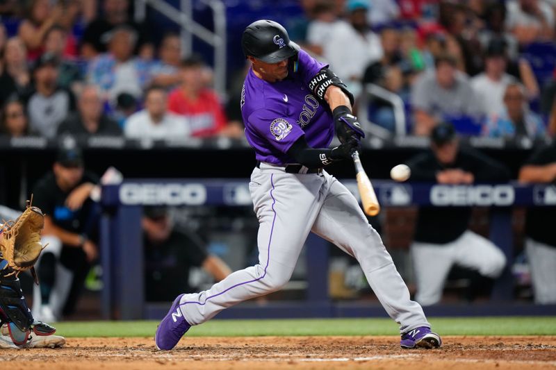 Jul 23, 2023; Miami, Florida, USA; Colorado Rockies right fielder Randal Grichuk (15) hits a home run against the Miami Marlins during the ninth inning at loanDepot Park. Mandatory Credit: Rich Storry-USA TODAY Sports